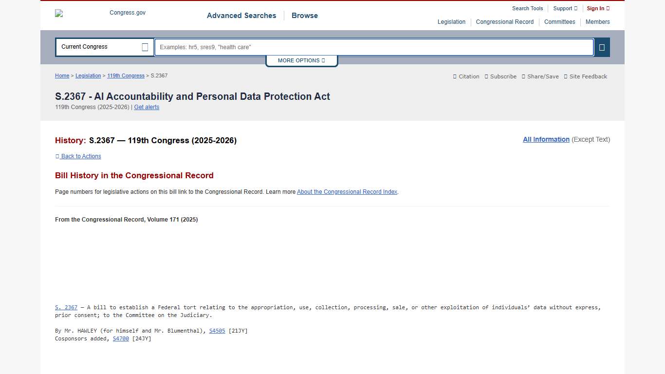 S.2367 - 119th Congress (2025-2026): AI Accountability and Personal Data Protection Act Congress.gov Library of Congress