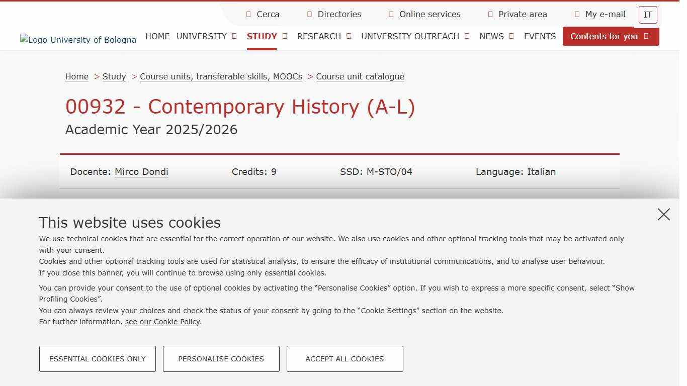 2025/2026 Contemporary History (A-L) — University of Bologna